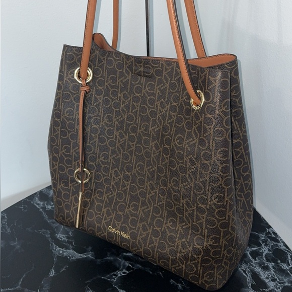 CALVIN KLEIN Handbag Women's Brown Logo Leather Large Tote Purse AUTHENTIC - Picture 2 of 11